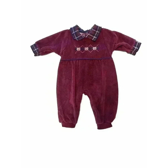 Vintage Carter’s Baby 0-3m Sleeper Outfit Bear One Piece Jumper Plaid Collared - Picture 1 of 4